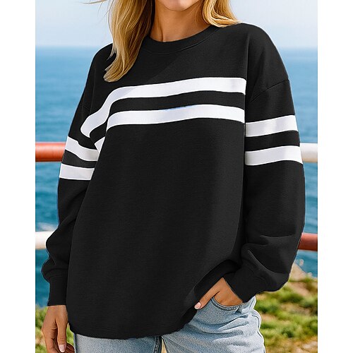 Damen Pullover Lässige Oberteile Langarm Oberteil Athleisure Herbst Gestreift Baumwolle Leicht Outdoor Reise Sport Sportbekleidung Sportkleidung Schwarz Blau Dunkelblau Image