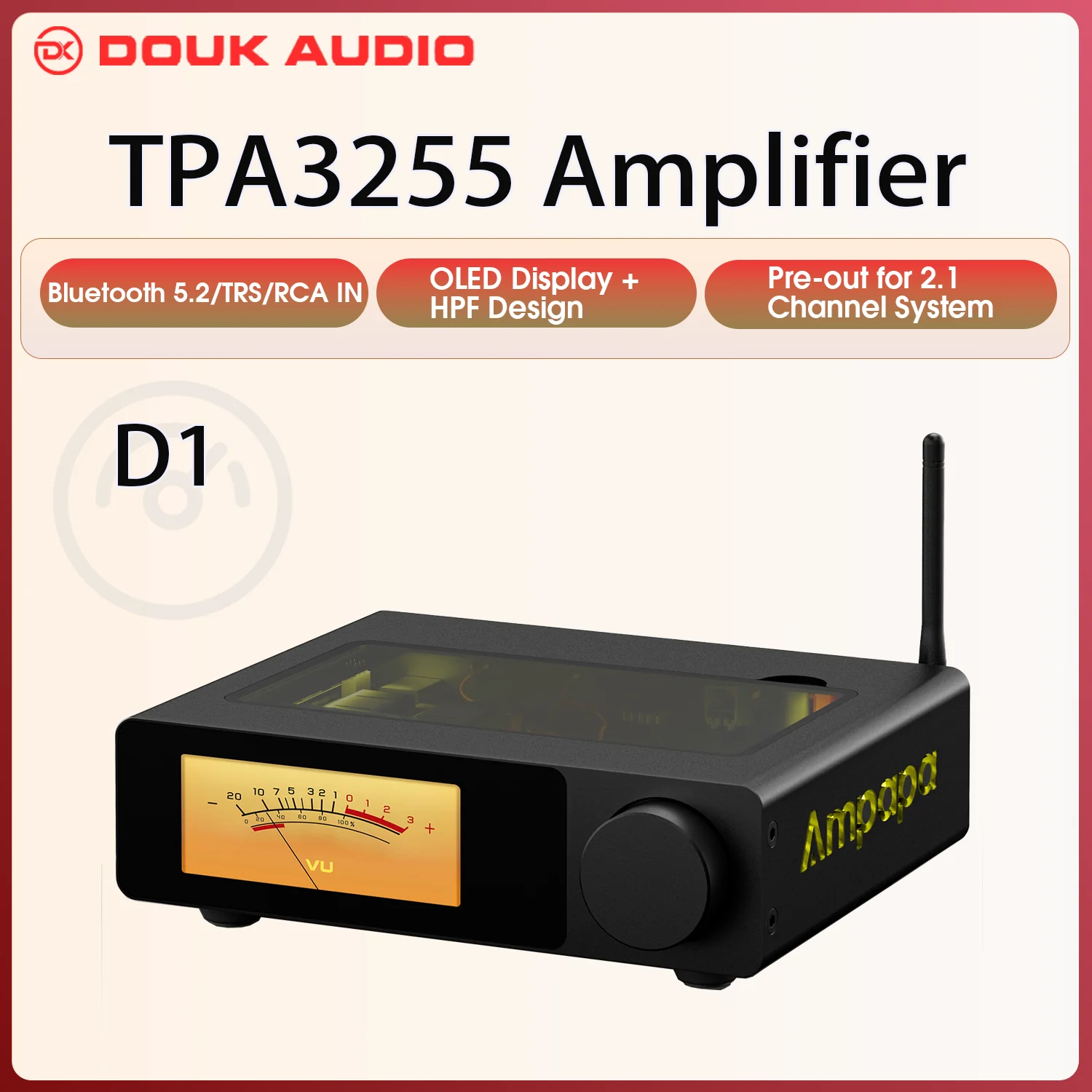 Ampapa D1 HiFi Stereo Bluetooth 5.2 Verstärker 2.0 Kanal Home Audio Amp mit digitalen VU Meter HPF 300Wx2 Image
