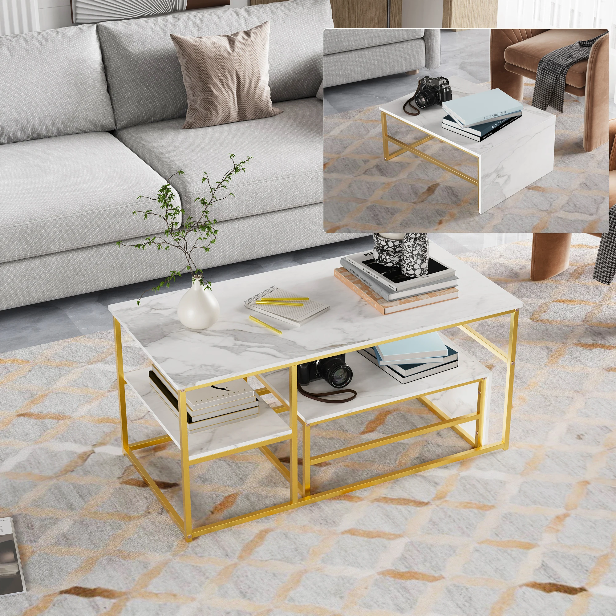 Couchtisch, 2-set Wohnzimmertisch, Couchtisch mit Stahlgestell und Ablagen, Einfache Aufbau, Sofatisch aus Holz, Beistelltisch Image