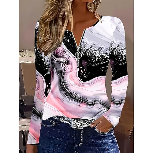Per donna Maglietta Ombre Grafico Astratto Vintage Moda Elegante Manica Lunga Girocollo Scollo a V Top Regolari Quotidiano Cerniera Stampato Rosa Autunno Inverno