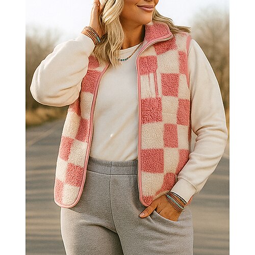 Damen Herbst Top Wintermantel Fleeceweste Langarm Oberteil Athleisure Herbst Kariert Warm Outdoor Reise Sport Sportbekleidung Sportkleidung Schwarz Rosa Khaki Image