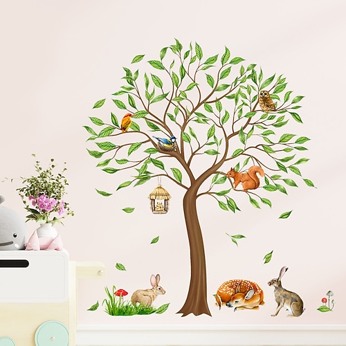 Wandaufkleber mit Bäumen und Tieren, Frühlingsgrüner Baum, Kolibri und Roter Panda, abnehmbares Wandtattoo für Wohnzimmer, Schlafzimmer, Heimdekoration, kreativer dekorativer Hintergrund, Image