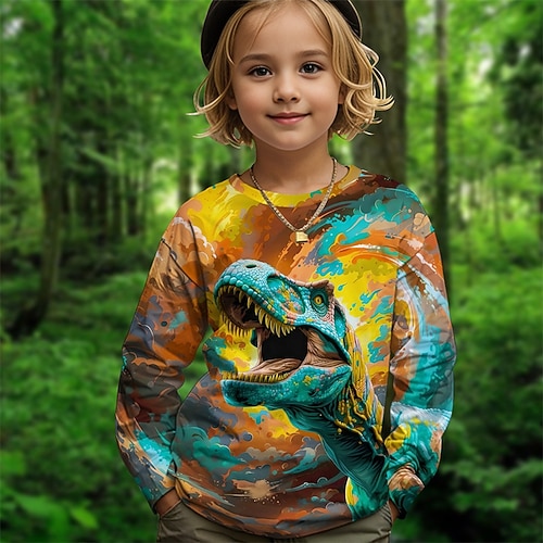 Mädchen 3D Grafik Tiermotiv Dinosaurier T-Shirt Langarm Frühling Herbst Mode Basic Kinder 4-12 Jahre Rundhalsausschnitt Outdoor Lässig Täglich Normale Passform Image