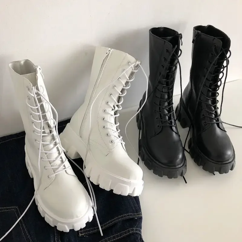 Neue Mittlere Waden Stiefel Frauen Herbst Winter Mode Lace-up Damen Chelsea Zipper Botas Mujer Stiefel Sport Plattform Ferse damen Schuhe