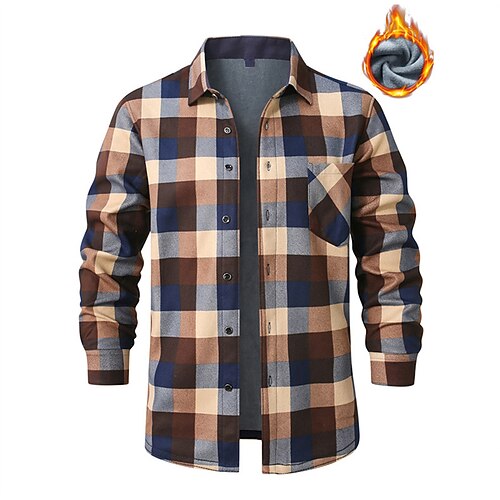 Herren Hemd Freizeithemd Flanellhemd Fleece-Shirt Knopfhemd Rote Kaki Grau Langarm Karomuster Revers Urlaub Ferien Tasche Bekleidung Polyester Mode warm halten Lässig Bequem Image