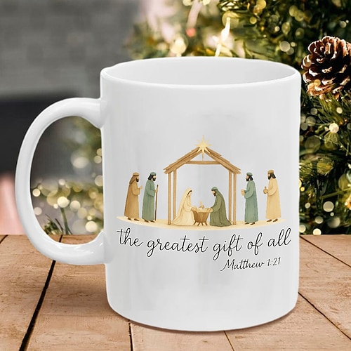 Weihnachtskrippe Tasse 11oz lustige Tasse Weihnachtskaffeetasse mit Jesus Krippe Szene urkomisches Weihnachtsgeschenk Familie saisonales Trinkgeschirr Image