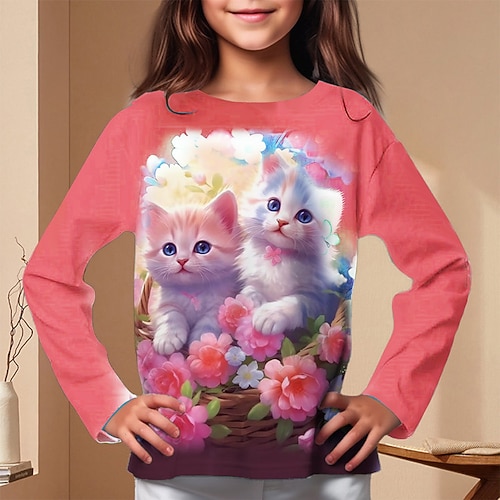 Mädchen 3D Grafik Tiermotiv Katze T-Shirt Langarm Frühling Herbst Mode Basic Kinder 4-12 Jahre Rundhalsausschnitt Outdoor Lässig Täglich Normale Passform Image