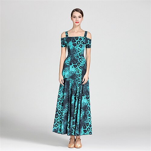 Schulterfreies Gesellschaftstanzkleid mit Blumenmuster für Damen – A-Linien-Kleid für Wettbewerbe, Latein und Tanzveranstaltungen – Rot Schwarz Image