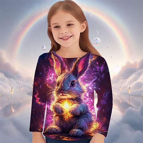 Ostern Mädchen 3D Grafik Tiermotiv Kaninchen T-Shirt Langarm Frühling Herbst Mode Basic Kinder 4-12 Jahre Rundhalsausschnitt Outdoor Lässig Täglich Normale Passform