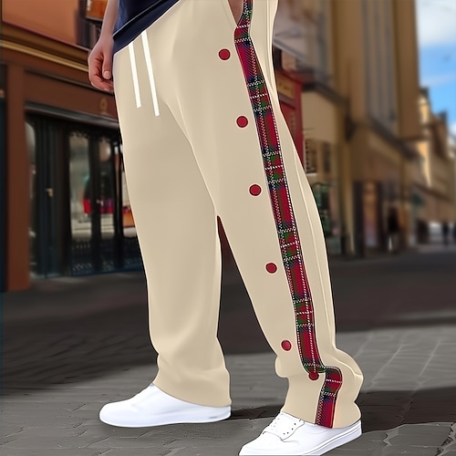 Herren Gitter- / Plaidmuster Faux-Button-Druck Hosen Hose Freizeithose Mittlere Taille Kordelzug Elastischer Bund Lässig Outdoor Ferien Gerade Hosen Frühling Herbst 3D-Druck Rote Kaki Dunkelblau Image