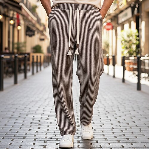 Herren Jogginghose Hose Gerade geschnittene Sweatpants Kordelzug Tasche Elastischer Bund Gestreift Komfort Sport im Freien Täglich Mode Lässig Schwarz Kaffee Mikroelastisch Image