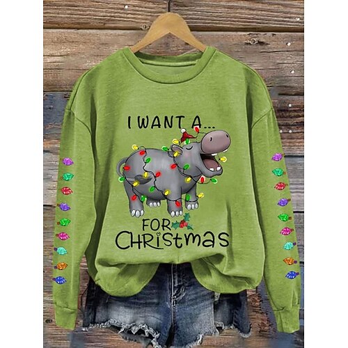 Weihnachten Damen Pullover Grafik Tier Warm Klassisch Lässig Langarm Runder Ausschnitt Reguläre Tops Zuhause Straße Tägliches Tragen Druck Schwarz Weiß Pink Rot Grün Herbst Winter