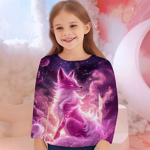 Mädchen 3D Grafik Tiermotiv Fuchs T-Shirt Langarm Frühling Herbst Mode Basic Kinder 4-12 Jahre Rundhalsausschnitt Outdoor Lässig Täglich Normale Passform Image