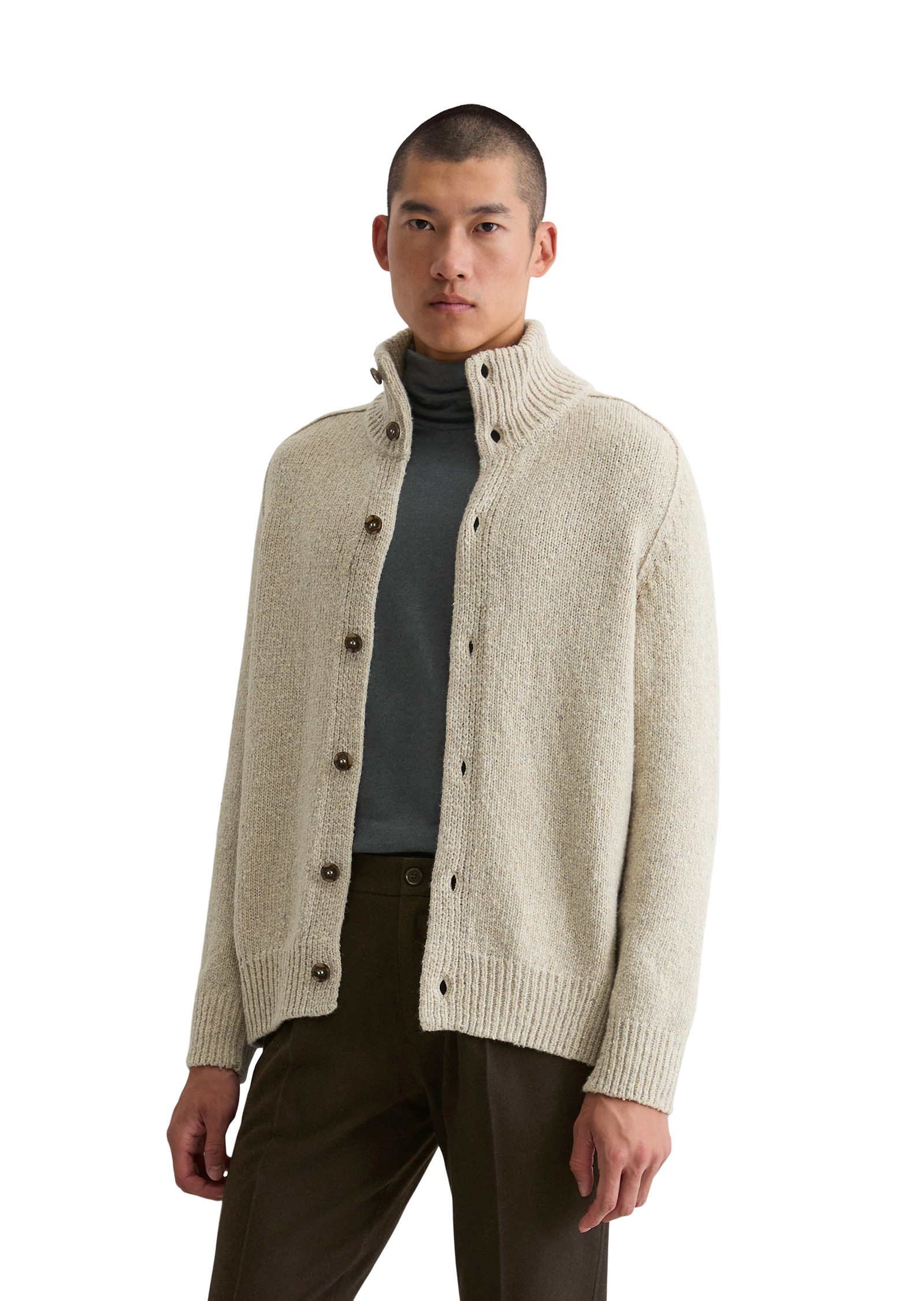 Cardigan MARC O'POLO "aus weichem Schafwoll-Mix", Herren, Gr. M, grau silk, Obermaterial: 31% Wolle (Schafwolle), 29% Schurwolle, 20% Viskose, 20% Polyamid, unifarben, regular fit, Rippbündchen, Strickjacken