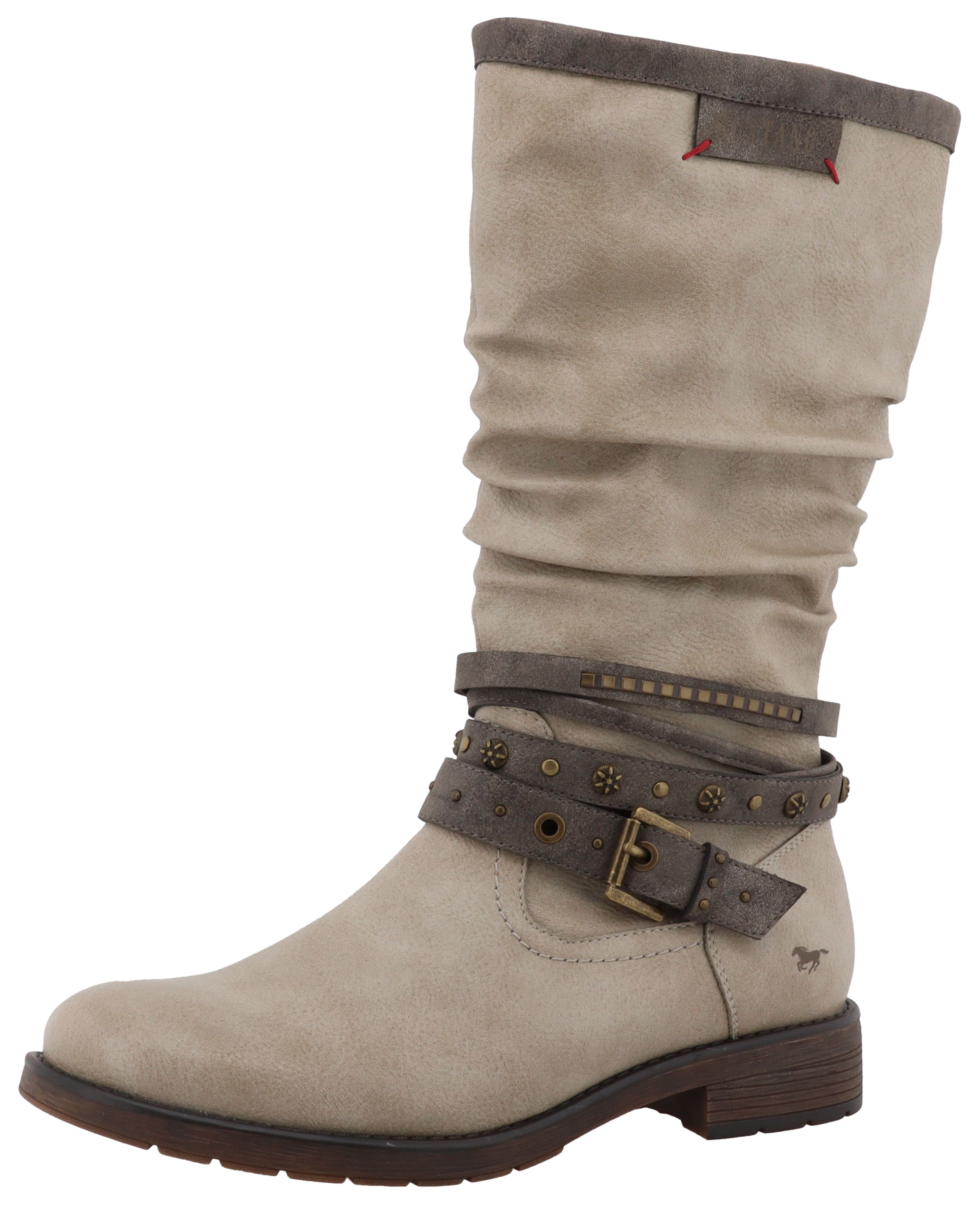 Winterstiefel MUSTANG SHOES "Elfi", Damen, Gr. 39, Normalschaft, beige, Lederimitat, used, Schuhe Winterstiefel, Stiefel mit Zierriemchen und Blockabsatz, Topseller