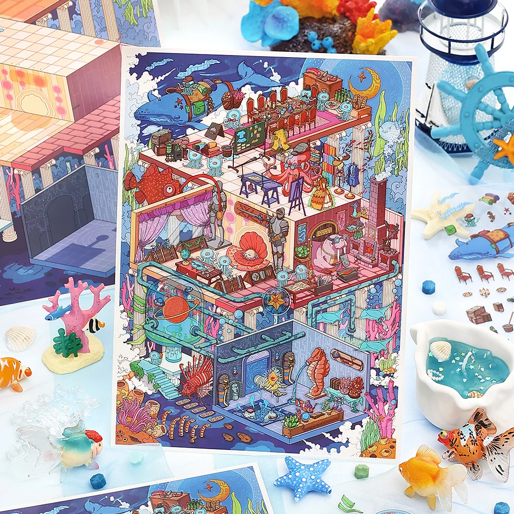 4 Stück Tiefseepavillon 2,5D Diorama-Aufkleber, extra große Ozean-Thema-Aufkleber für Tagebuch, Scrapbooking, Meereskultur, Kunstserie Image