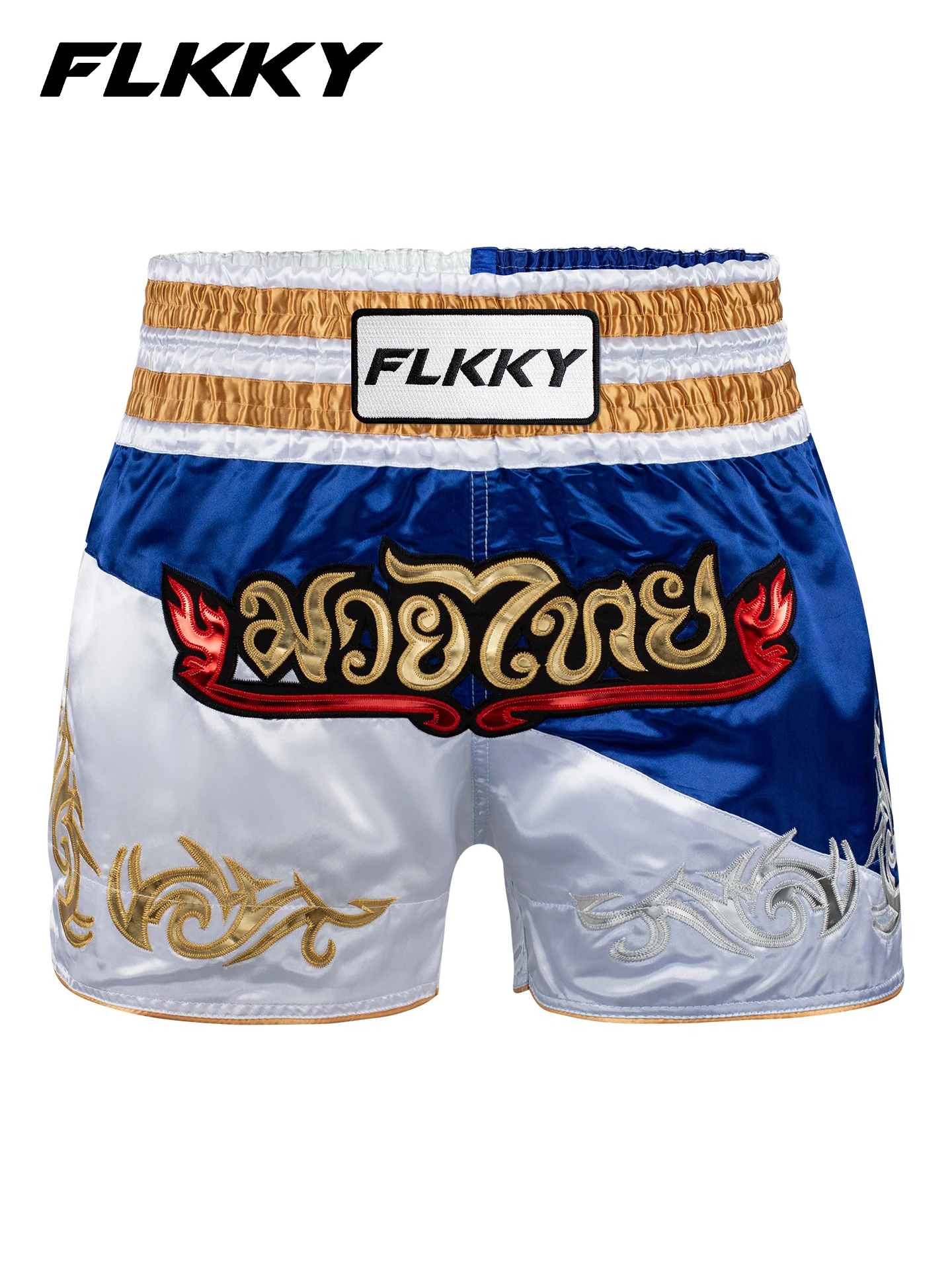 FLKKY Stickerei Kontrast Spleißen Männer und Frauen Muay Thai Shorts Boxshorts Sport Gym Kampf MMA Trainingshosen Image