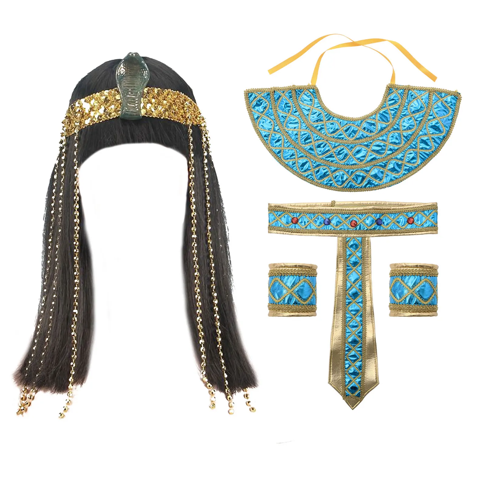 Ägyptische Kleopatra Pharao Kostüm Zubehör Kragen Armbänder Taille Gürtel Perücke Set Frauen Männer Karneval Cosplay Ägypten König Requisiten Image