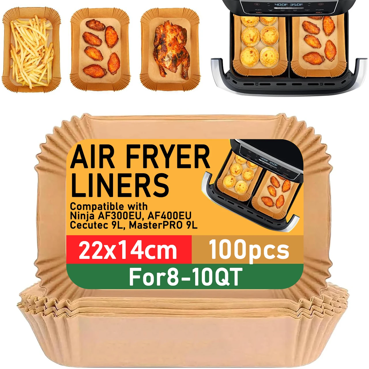 Heißluftfritteusenpapier für Dual Zone, 100 Stück 22 x 14 cm, Einweg-Antihaft-Papier-Luftfritteuse für Cecotec/Masterpro/Ninja AF300EU/AF400EU Image
