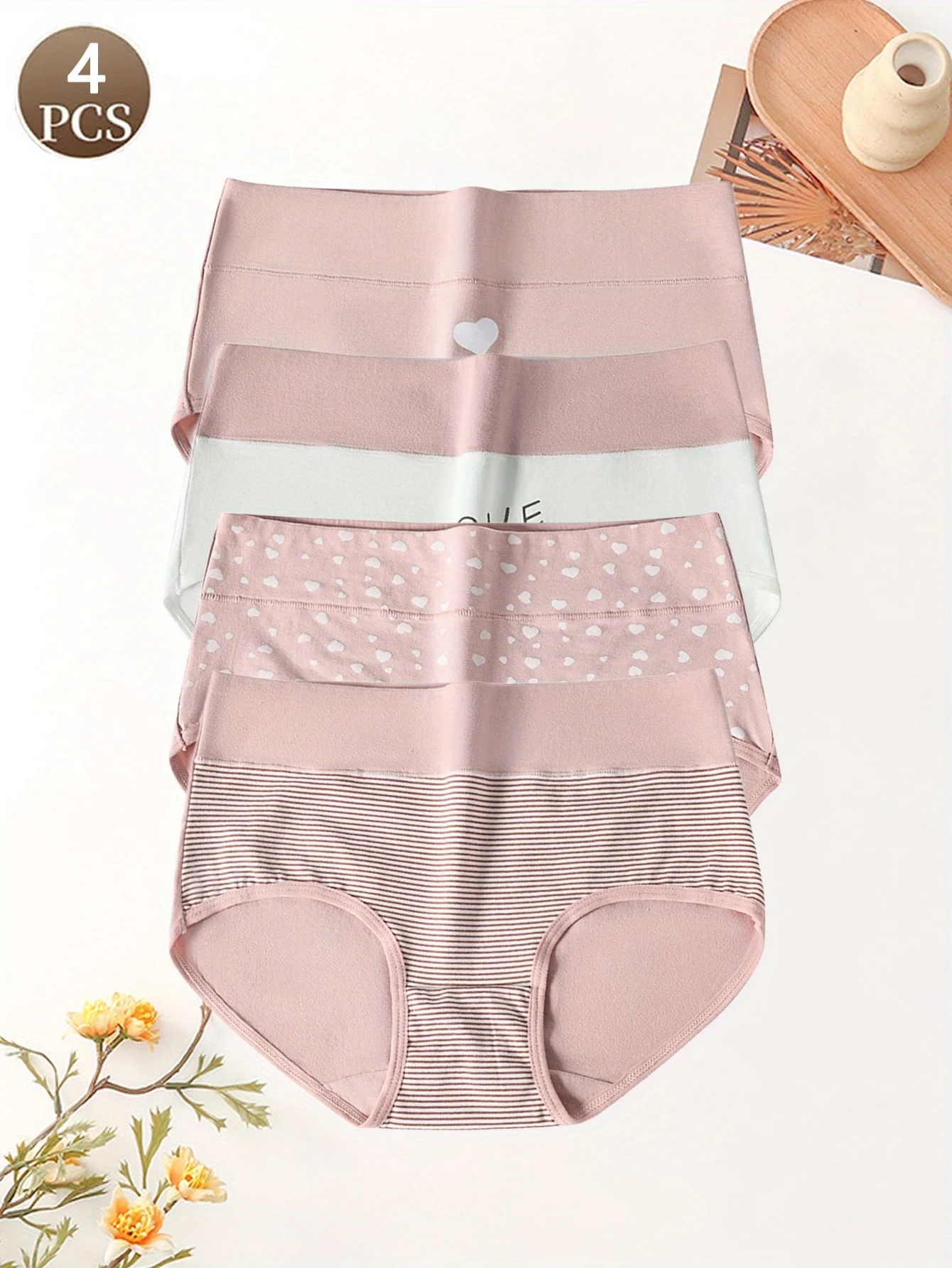 4PCS Damenunterwäsche mit herzförmigem Streifenmuster, süße und modische Damen-Strick-Baumwoll-Dreieckshose, Damenbr Image