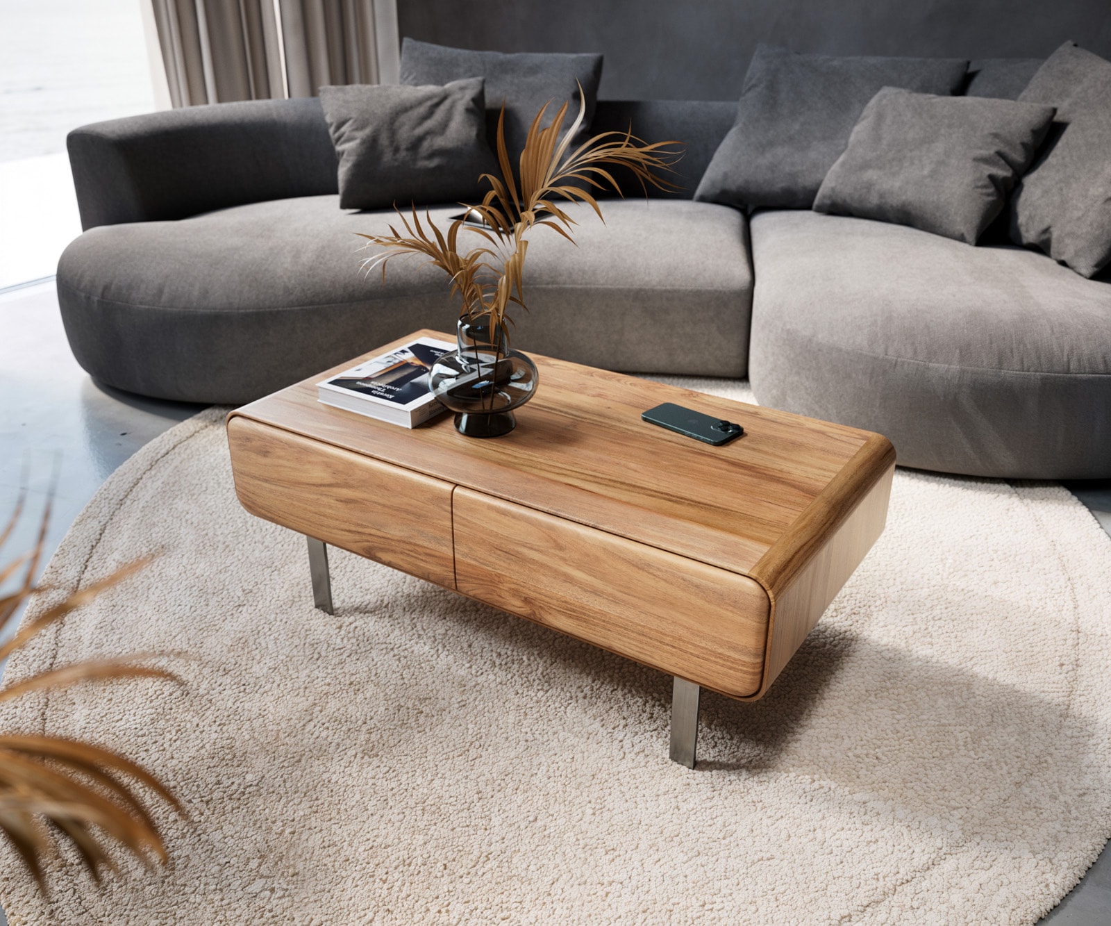 DELIFE Couchtisch Anaya 100x50 cm Akazie Natur 2 Schubladen L-Fuß Edelstahl, Couchtische Image