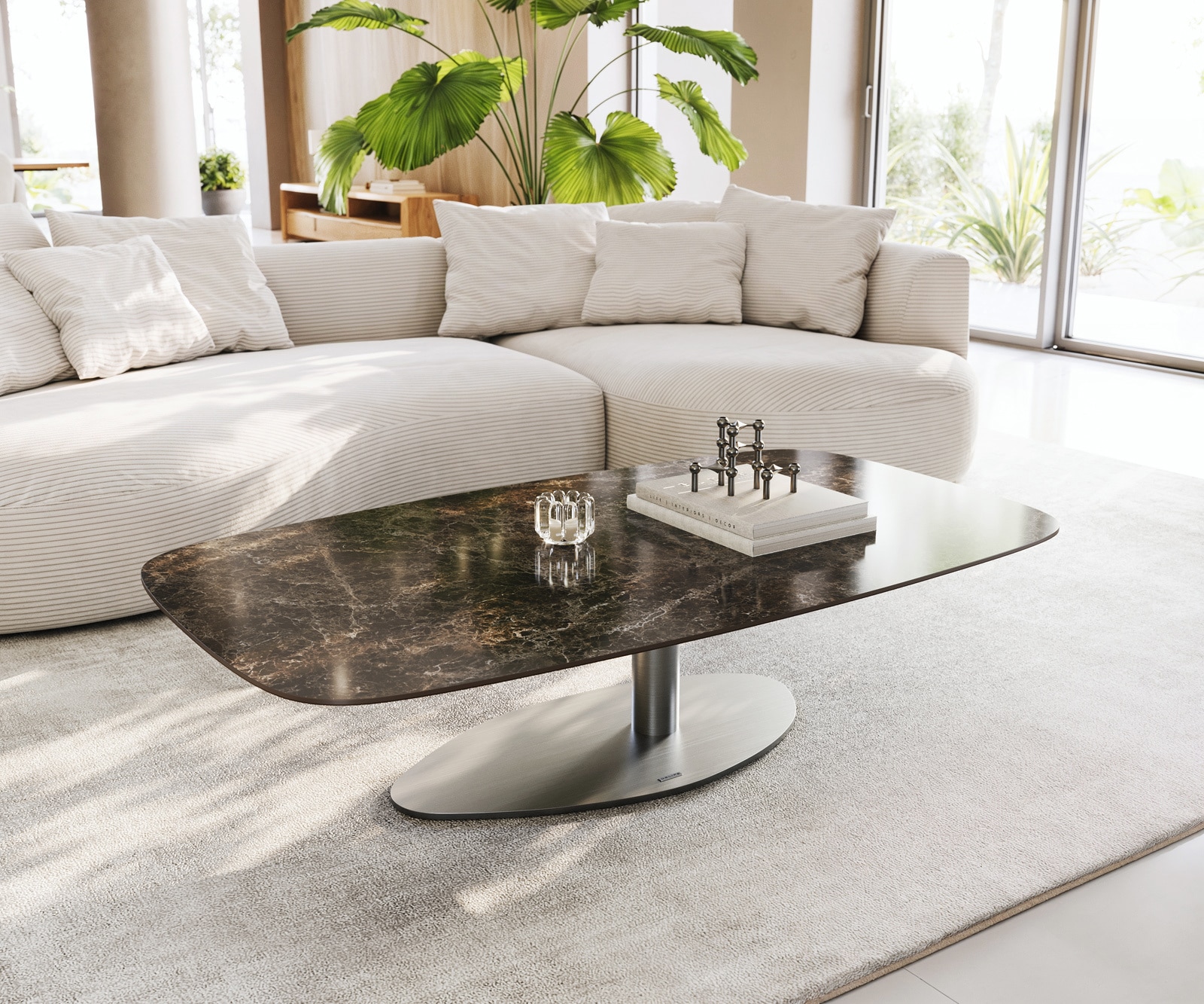 DELIFE Couchtisch Edge Boot 140x80 cm Keramik Laminam® Emperador Extra Lucidato Dunkelbraun Vibany Edelstahl gebürstet, Couchtische Image