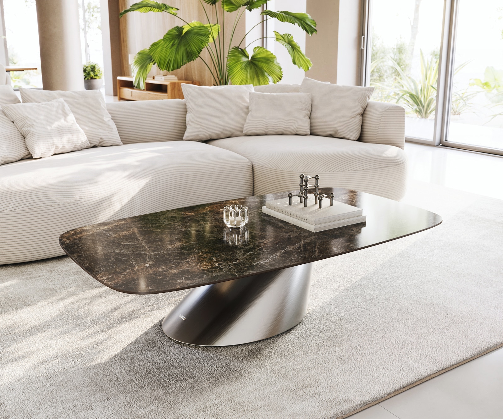 DELIFE Couchtisch Edge Boot 140x80 cm Keramik Laminam® Emperador Extra Lucidato Dunkelbraun Conis Edelstahl gebürstet, Couchtische Image