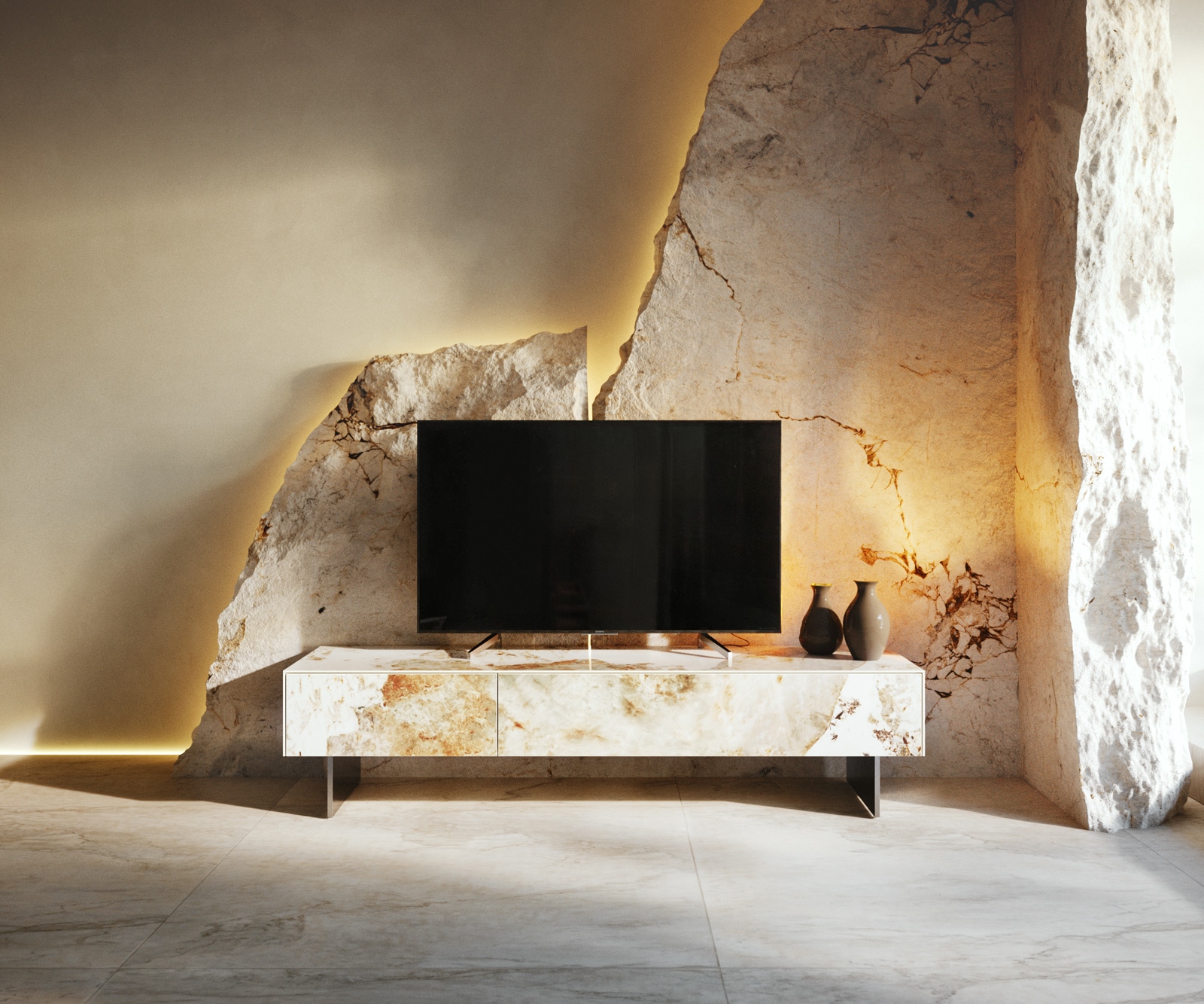 DELIFE Lowboard Cuor 150 cm Keramik Minas Melange Weiß-Beige 1 Klappe 1 Schubfach Fuß Schwebeoptik Edelstahl, Lowboards Image