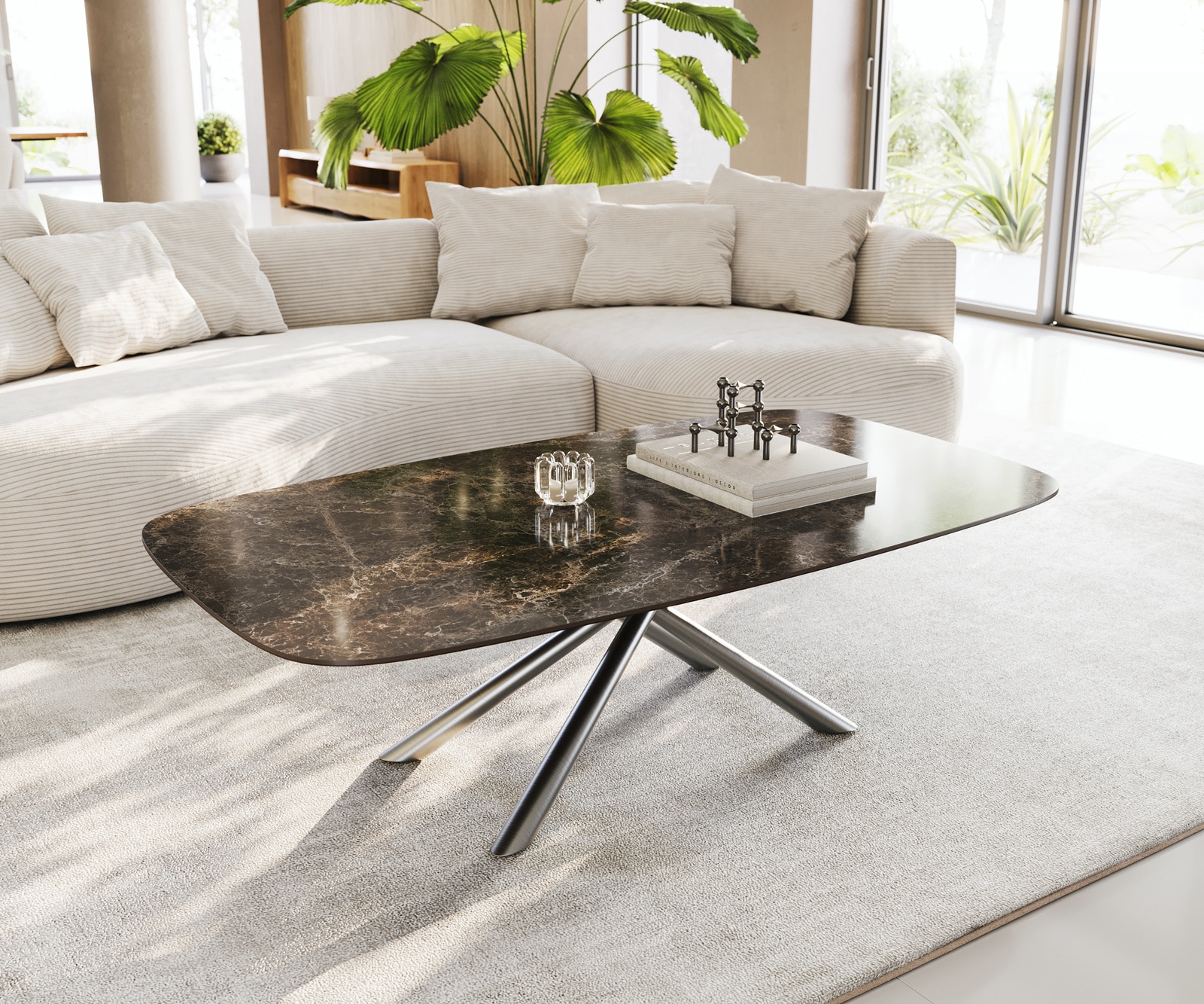 DELIFE Couchtisch Edge Boot 140x80 cm Keramik Laminam® Emperador Extra Lucidato Dunkelbraun Sarity Edelstahl gebürstet, Couchtische Image