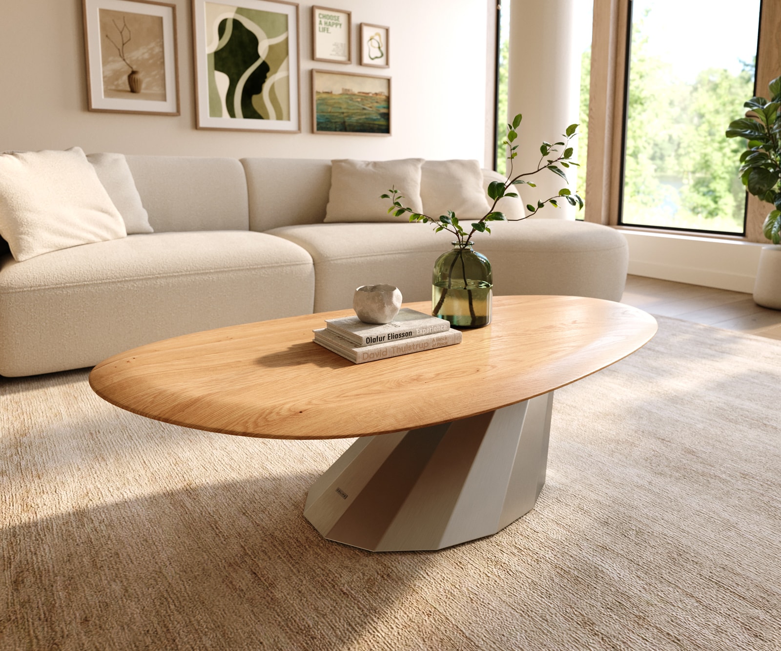 DELIFE Couchtisch Edge Oval 140x75 cm Eiche Natur Runde Kante Parabi Edelstahl gebürstet, Couchtische Image