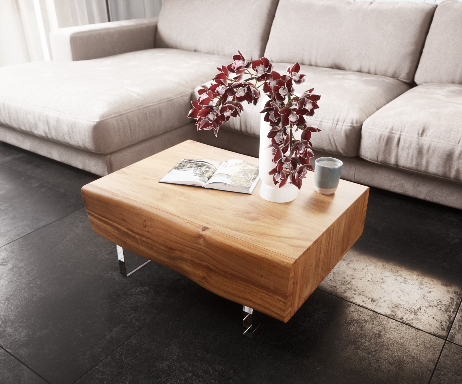 DELIFE Couchtisch New Live-Edge 80x60 cm Akazie Natur 2 Schubladen Acrylfuß, Couchtische, Baumkantenmöbel, Massivholzmöbel, Massivholz Image