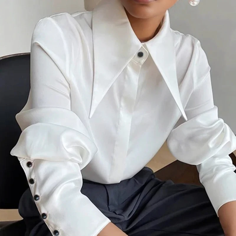 Camicia di seta di raso Vintage di moda donna elegante colletto rovesciato camicetta da donna bianca a maniche lunghe camicie da donna top Blusas 16946