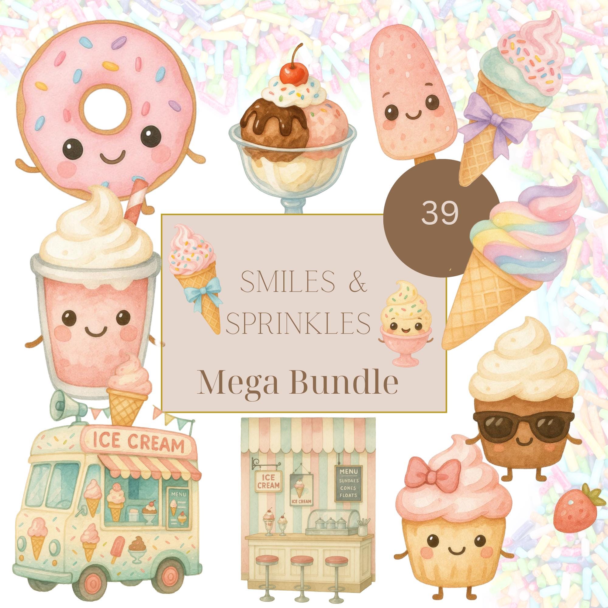 Clipart di sorrisi e granella, pacchetto PNG di dessert kawaii con gelato, ciambelle, cupcake e frullati, cibo pastello carino, adesivi digitali