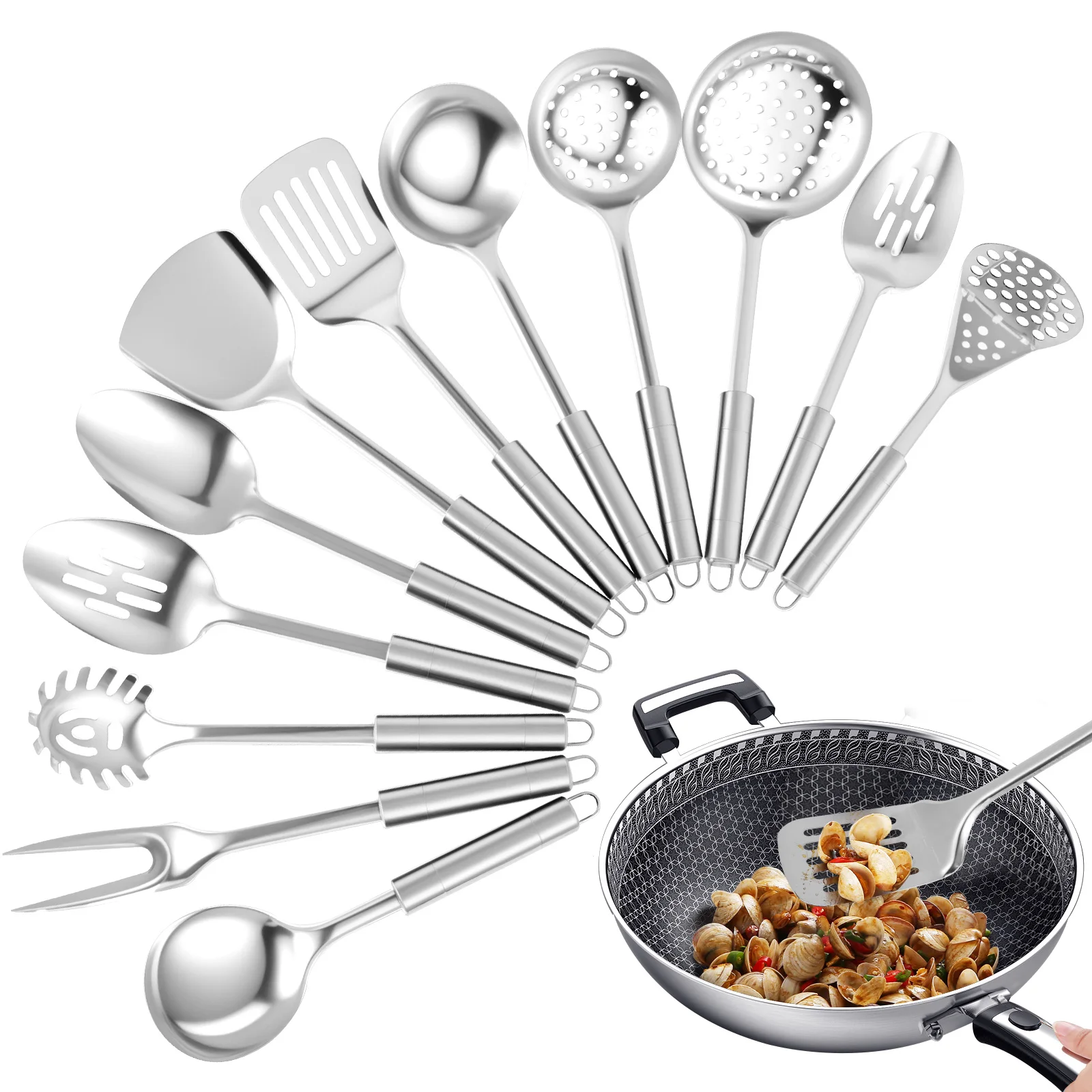 10/12 pièces ensemble d'ustensiles de cuisine en acier inoxydable outils de cuisine outils de cuisson vaisselle pelle cuillère ensemble d'ustensiles de cuisine accessoires