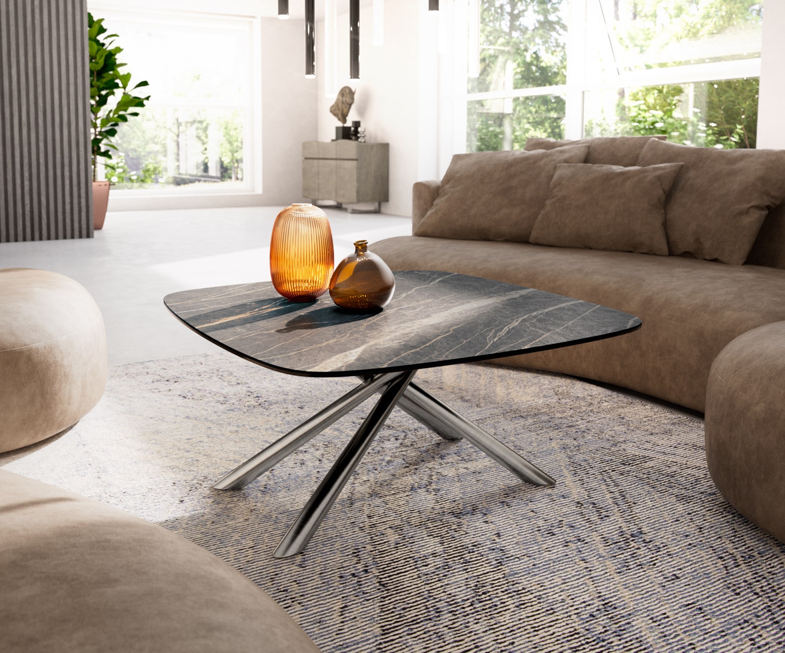 DELIFE Couchtisch Edge Boot 90x90 cm Keramik Laminam® Noir Desir Braun Sarity Edelstahl gebürstet, Couchtische Image