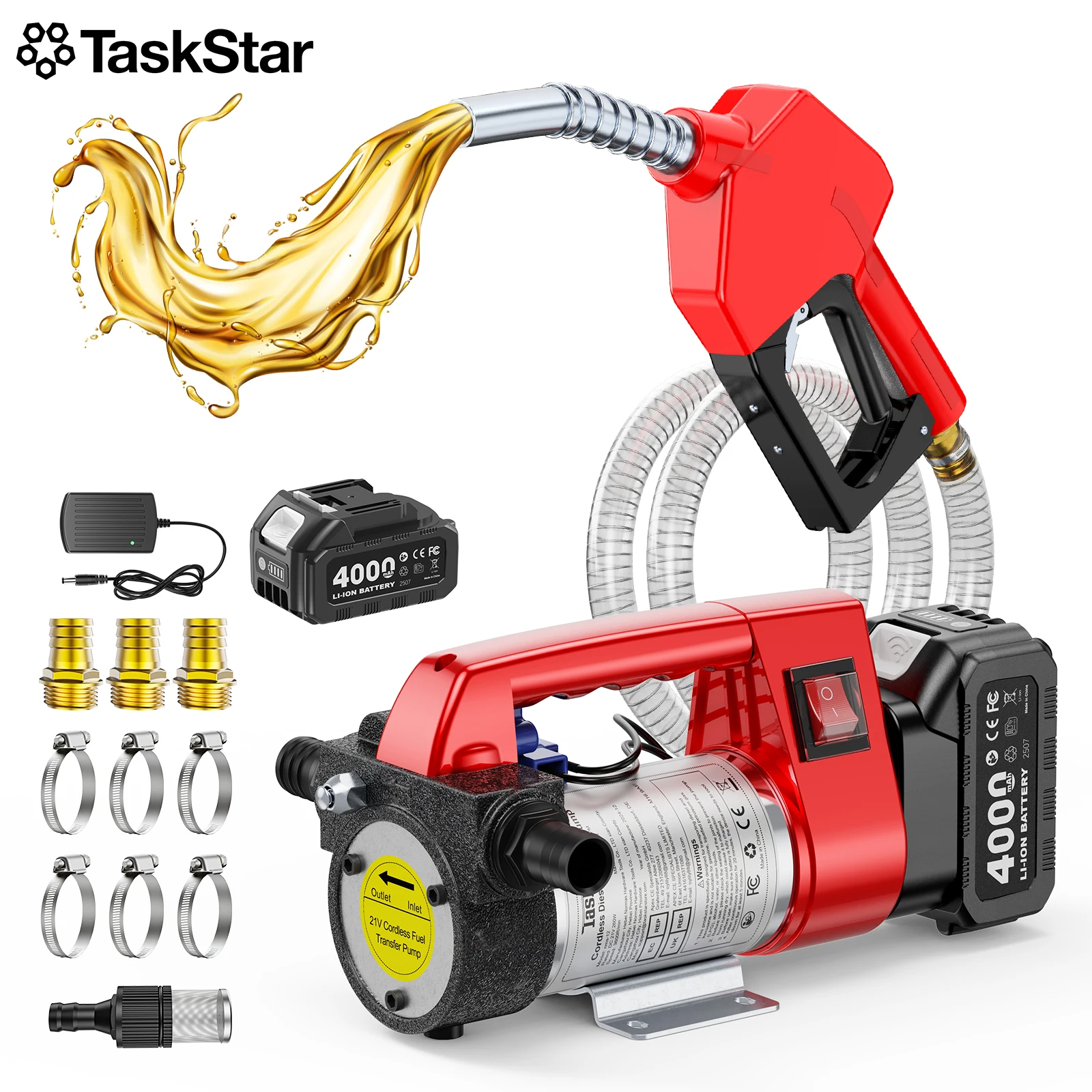Taskstar Akku-Kraftstofftransferpumpe, 12 G/min, mit 2 x 6,6 Fuß Schläuchen, elektrisches Diesel-Kerosin-Transfer-Set für 18-V-Makita-Akku-Pin Image