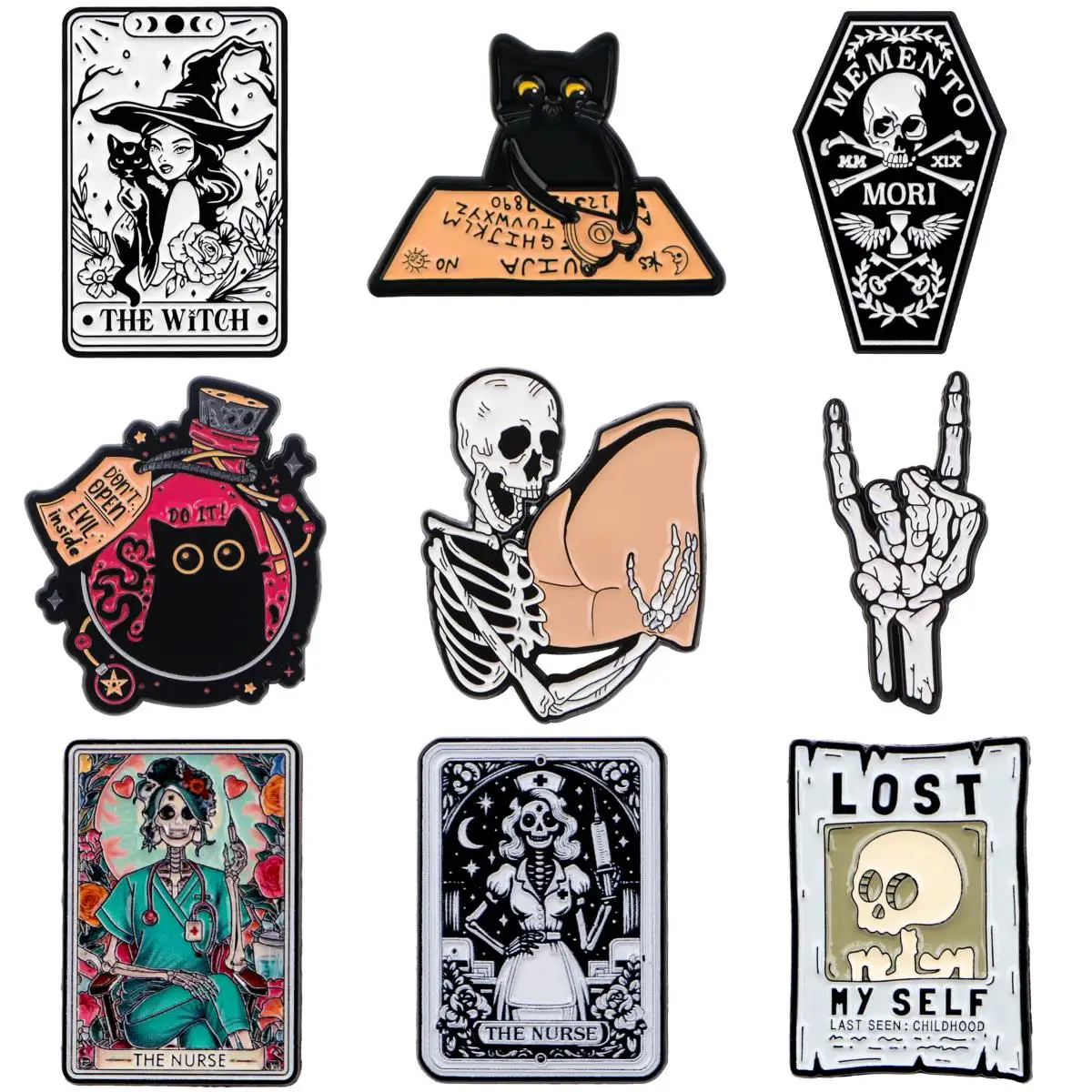 Skelett Tarot Karte Emaille Pin Wahrsagerei Brosche für Mantel Damen Broschen schwarze Katze Abzeichen Hexe Schmuck Geschenk für Freunde Image