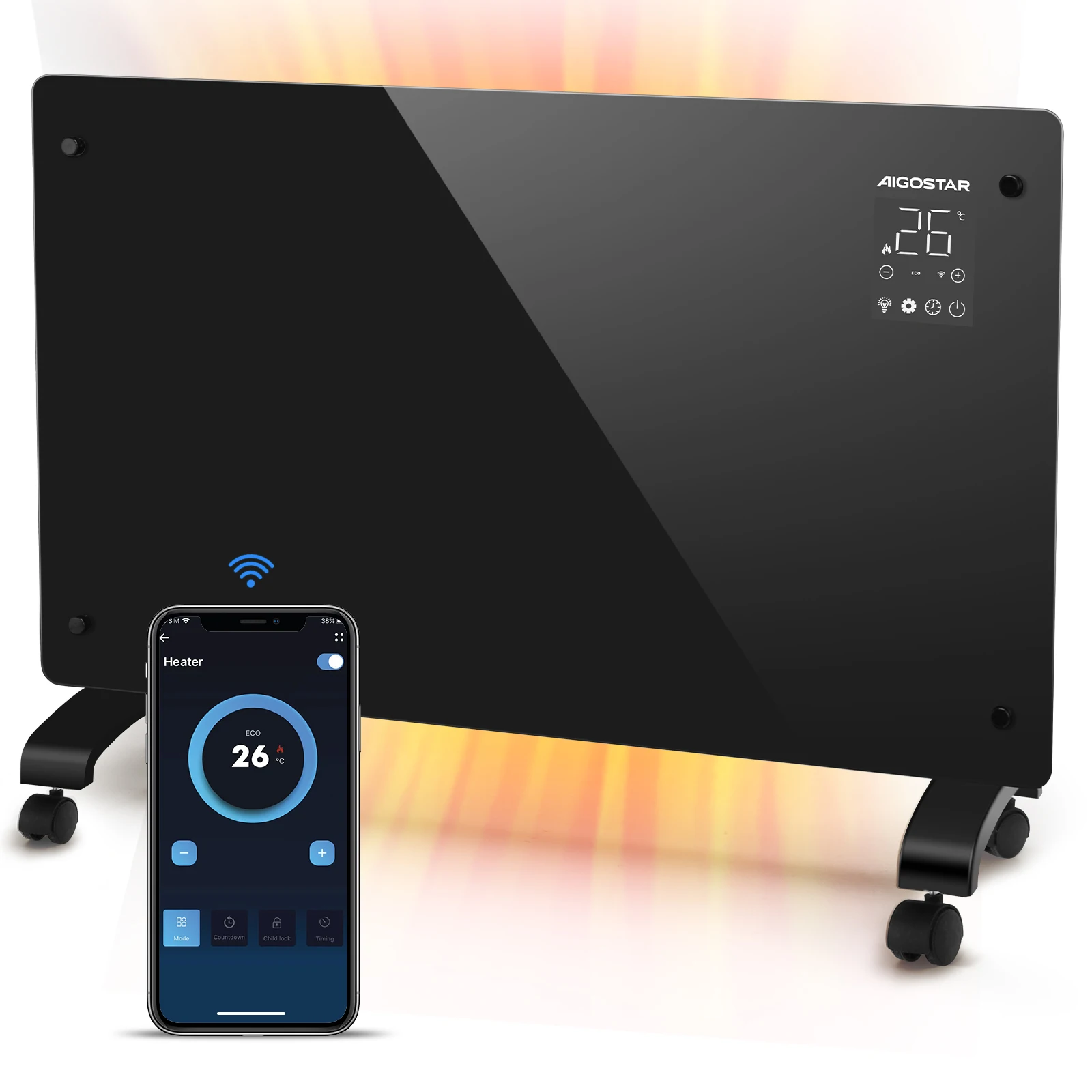 Aigostar Elektroheizung, Elektro Glasheizung, Konvektor-Heizung, LED Touchscreen einstellbare Temperatur, APP WiFi Funktion, Timer, 3 Modi, ECO, Leise Heizung Elektrisch, Stand- oder Wandgerät, 2000 W Image