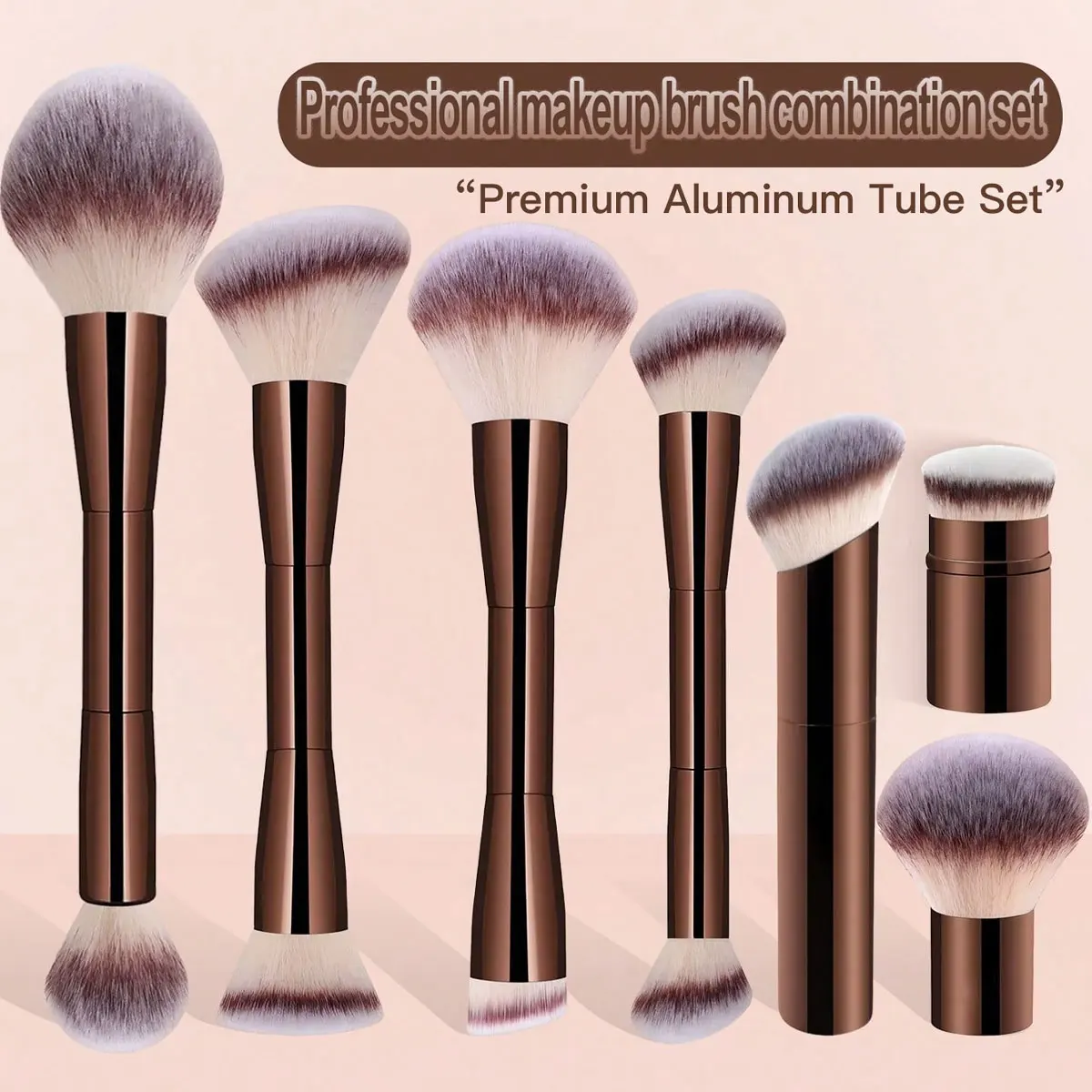 7-teiliges professionelles Make-up-Pinsel-Set, inklusive: 4 doppelseitigen Gesichtspinsel, 1-teiliger abgewinkelter Pinsel, 1-teiliger Foundation-Pinsel mit kurzem Griff,