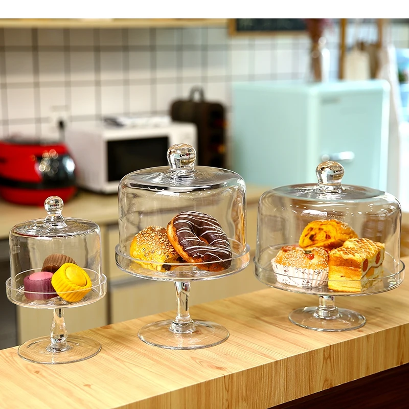 Hoher Kuchenteller aus Glas mit Deckel, transparent, für Obst, Party, Dessert, Präsentationsständer, Verkostung, Heimdekoration, Ornamente Image
