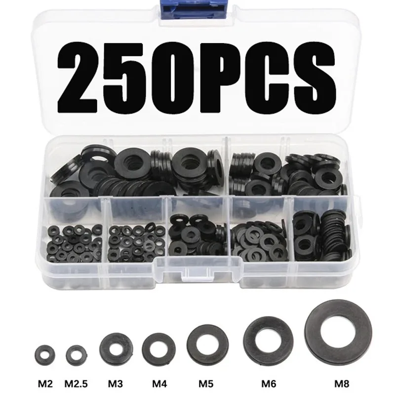 250 Stück Hart-Nylon-Kunststoff-Unterlegscheibe M2 M2,5 M3 M4 M5 M6 M8 Isolationsabstandshalter Dichtungen Schwarz Weiß Set Dichtungsringsatz Image