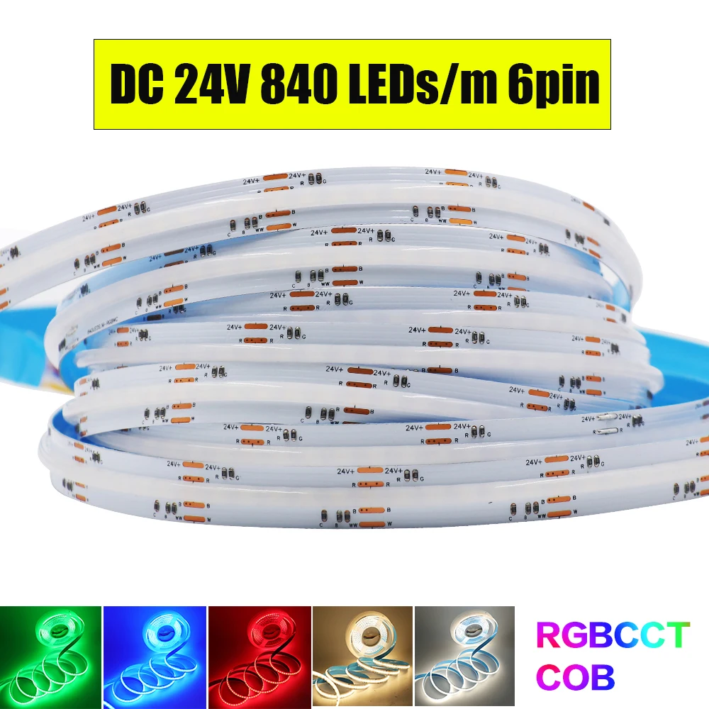 RGBCCT COB-LED-Streifenlicht, 6-polig, 1 m, 2 m, 3 m, 4 m, 5 m, 24 V, flexibel, hochhell, stippenlos, buntes Klebeband, RA90 COB-LED für Innenraumdekoration Image