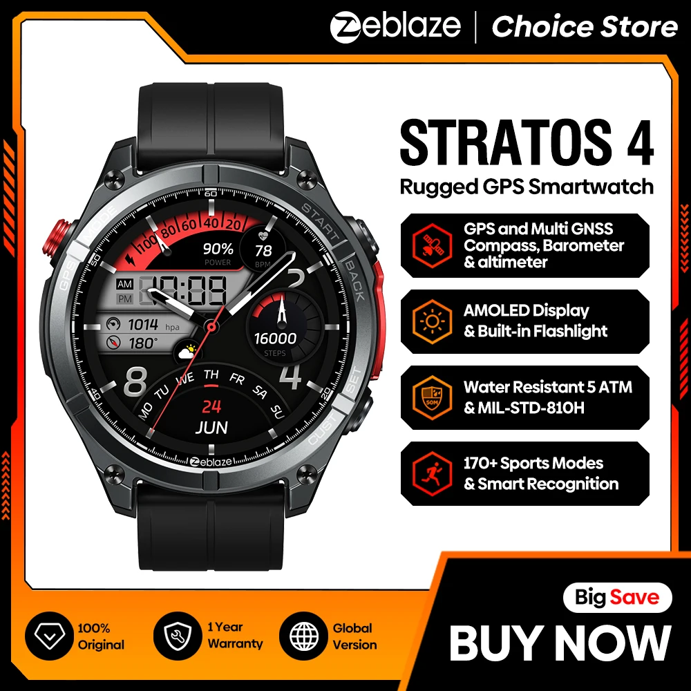 NEU 2025 Zeblaze Stratos 4 GPS-Smartwatch, 1,43 Zoll AMOLED-Bildschirm, Kompass, barometrischer Höhenmesser, Taschenlampe, Sprachanruf, Smartwatch Image