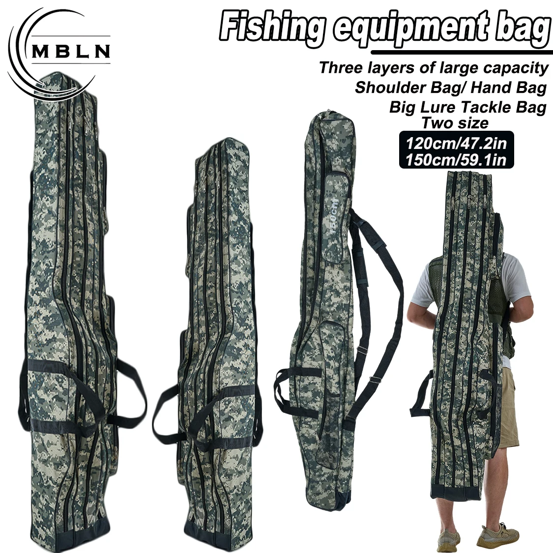 1 Stück 150 cm faltbare Angelrutentasche, urbane Tarnung, 3-lagige Aufbewahrung mit 2 Seitentaschen, langlebiger Reißverschluss, Rucksack/Schulter/Handtragen Image