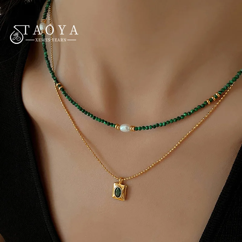 Exquisite Pfauenstein-Perlenkette für Damen, schlichter Smaragd-Zirkon-Anhänger, mehrlagige Schlüsselbeinkette, neuer Schmuck 2025 Image