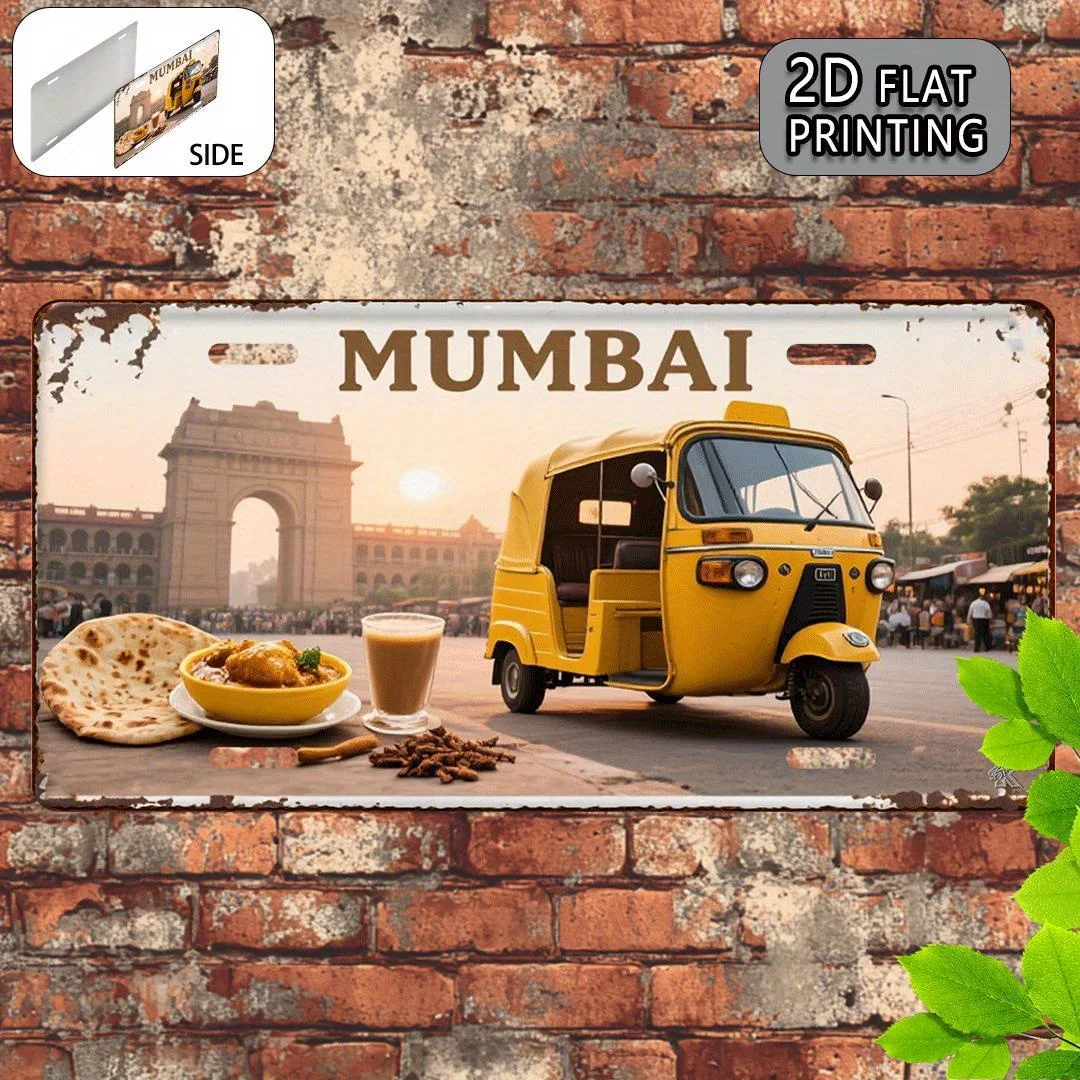 Metallisches Nummernschild von Mumbai – Indisches Stadtbild-Dekor mit Tuk, Auto-Rickshaw – Retro-Wandschild für Zuhause, Büro, Café – Image