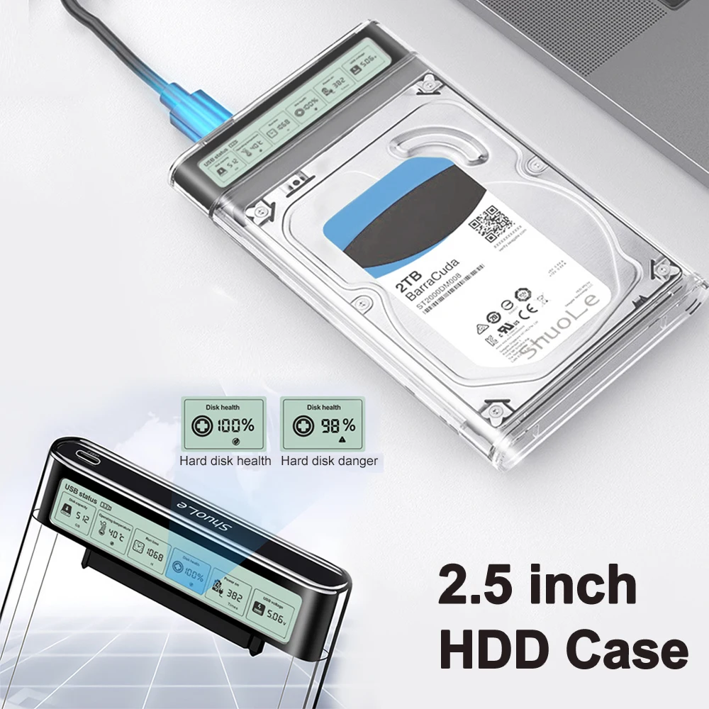 2,5'' USB3.2 Externes Festplattengehäuse Smart Display Externes SATA-Festplattengehäuse 5 Gbit/s Transparentes Festplattengehäuse Aufbewahrungskoffer für Laptop Image