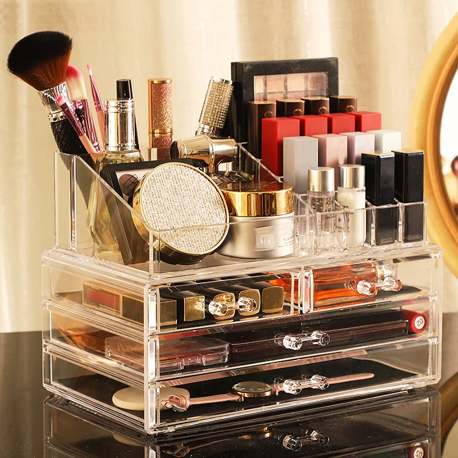 2er-Pack transparente Make-up-Organizer für die Arbeitsplatte, stapelbare Make-up-Aufbewahrung mit 4 Schubladen, Kosmetik-Organizer für Kommoden-Haarspangen, Schmuck