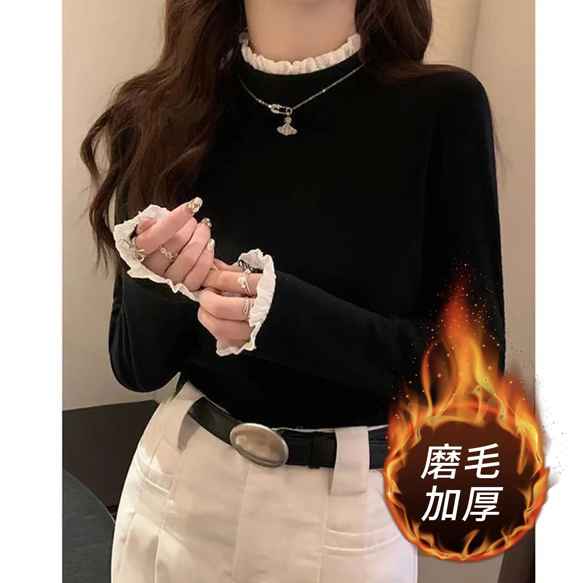 1 stücke Frauen Herbst Winter Lange-sleeve T-shirt Dame Thermische Unterwäsche Mädchen Dicke Samt Mode Spitze Dekoration Halb Mock neck Top Image