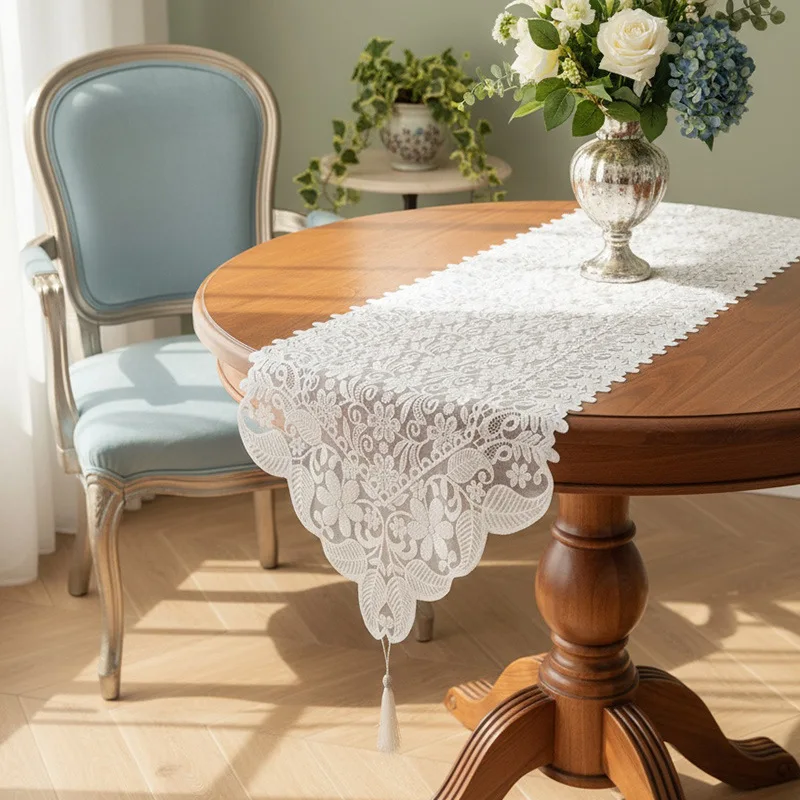 Retro-Tisch mit französischer Spitze, Flagge, weiß, bestickt, lange Tischdecke für Esszimmer, Sideboard, TV-Schrank, Kommode, Schuhschrank, Dezember